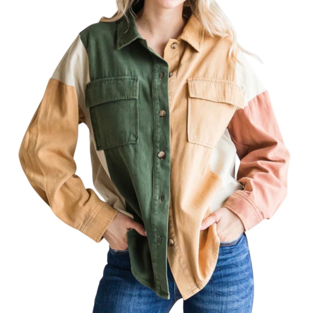 NWT Jodifl Colorblock Button-Up Shirt HUNTER GREEN Cream/Rust Pockets Cotton S